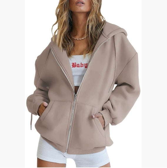 Women's Fashion Casual Solid Color Drawstring Zipper Hooded Sweatshirt LadyShow.Store