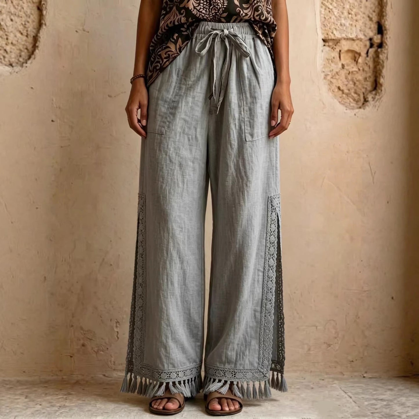 Side-slit Lace Tassel Bohemian-style Wide-leg Vacation Pants NorixaFashion.com