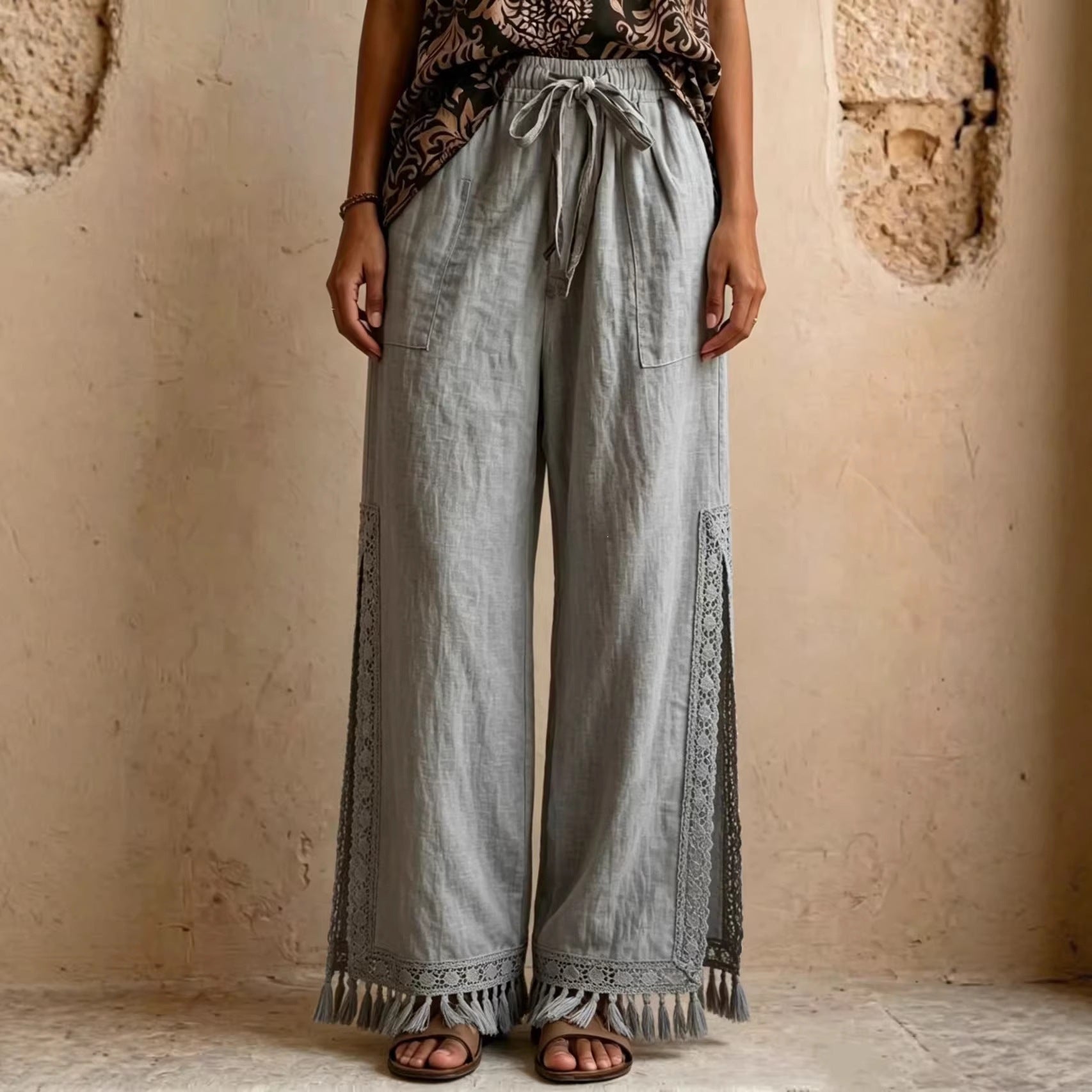 Side-slit Lace Tassel Bohemian-style Wide-leg Vacation Pants NorixaFashion.com