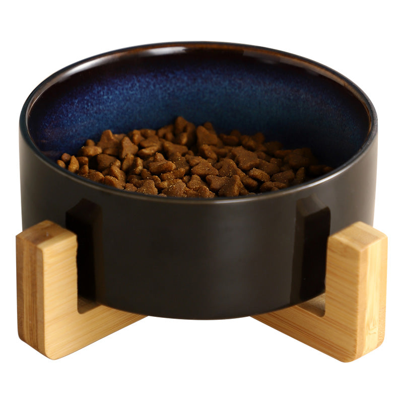 Starry Sky Ceramic Cat Bowl Protects Cervical Spine Wooden Frame Double Bowl Pets Fashion
