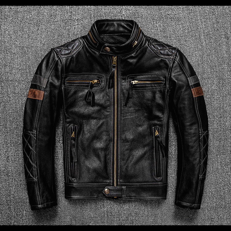 Men's Genuine Leather Biker Jacket with Protective Gear Pi-Mart