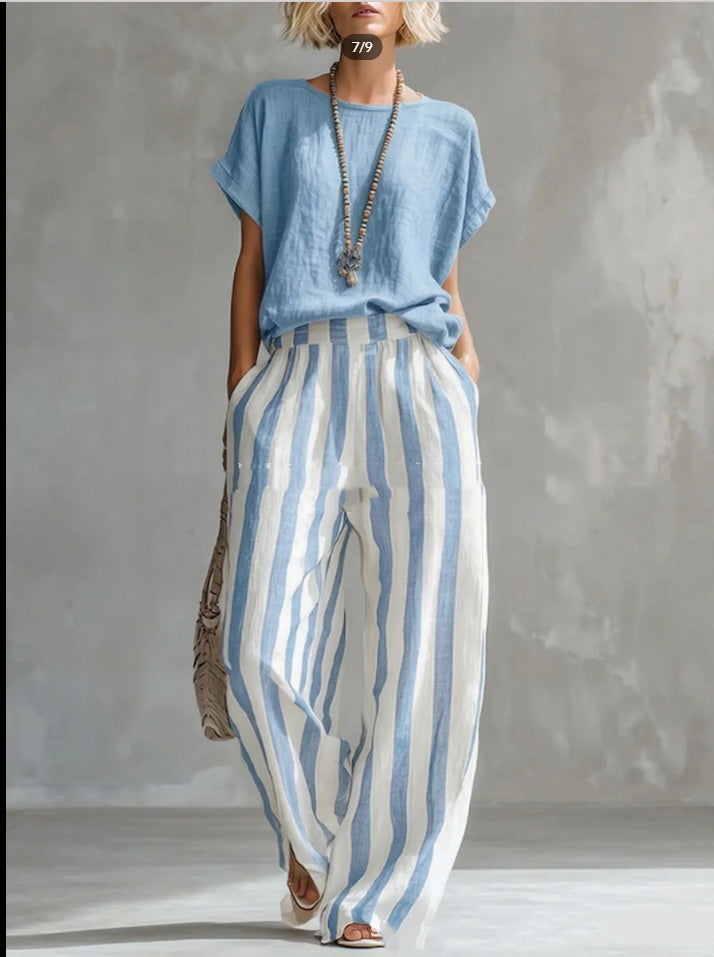 Short-sleeved Trousers Suit Summer Fashion Round Neck Pullover T-Shirt And Striped Print Straight Leg Pants Two-Piece Clothing For Women Best YouTube Store