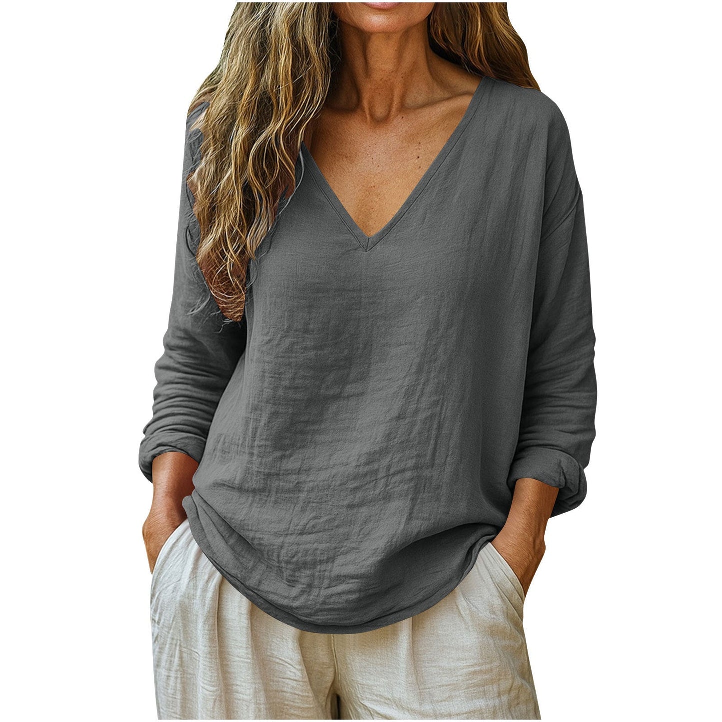 Fashionable Cotton-Linen Long-Sleeve V-Neck Top NorixaFashion.com