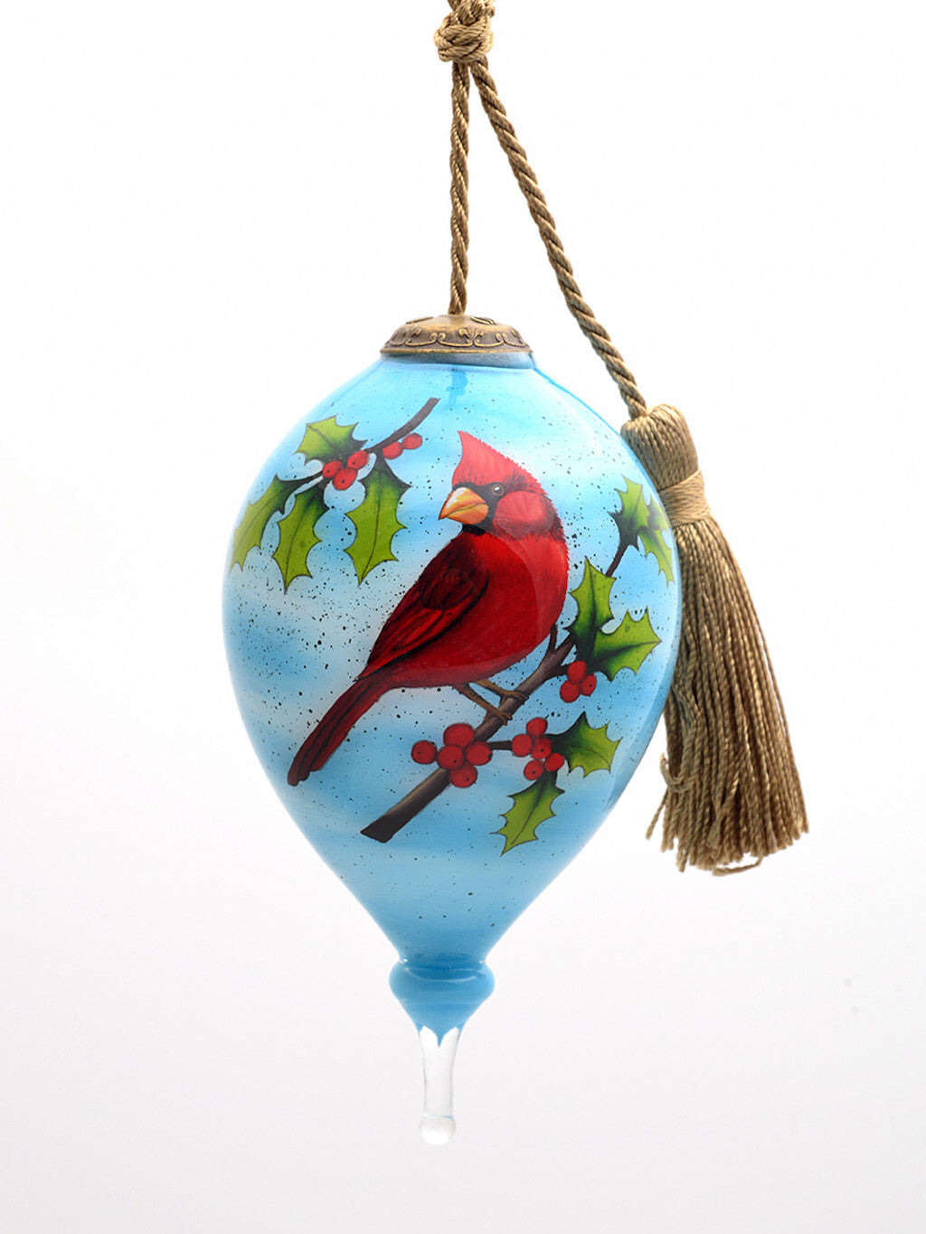 Red Cardinal on Christmas Holly Branches Hand Painted Mouth Blown Glass Ornament LuxuryLifeWay Online Store