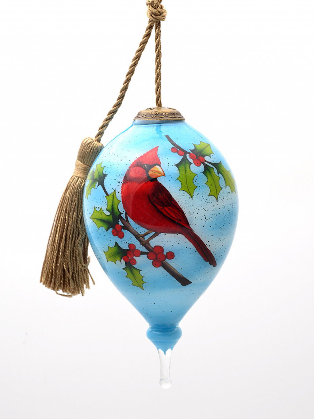 Red Cardinal on Christmas Holly Branches Hand Painted Mouth Blown Glass Ornament LuxuryLifeWay Online Store