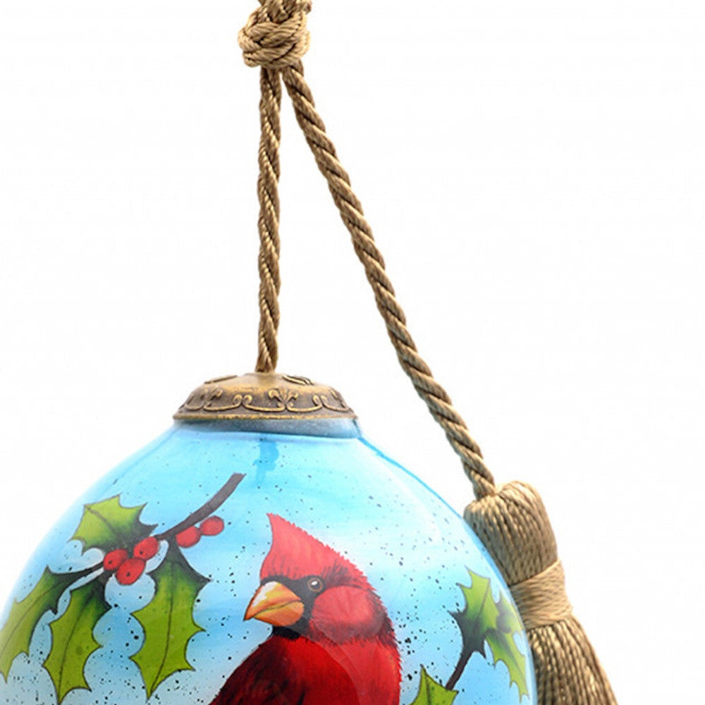 Red Cardinal on Christmas Holly Branches Hand Painted Mouth Blown Glass Ornament LuxuryLifeWay Online Store