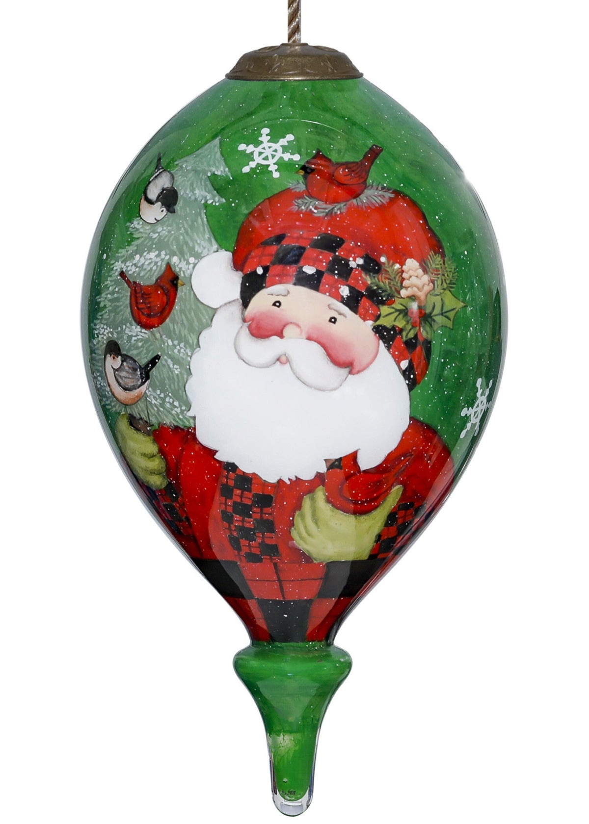 Plaid Santa with Cardinals Hand Painted Mouth Blown Glass Ornament LuxuryLifeWay Online Store