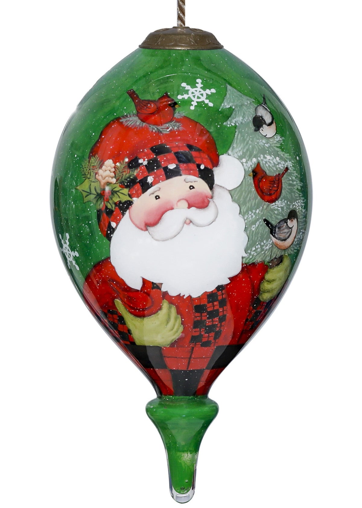 Plaid Santa with Cardinals Hand Painted Mouth Blown Glass Ornament LuxuryLifeWay Online Store