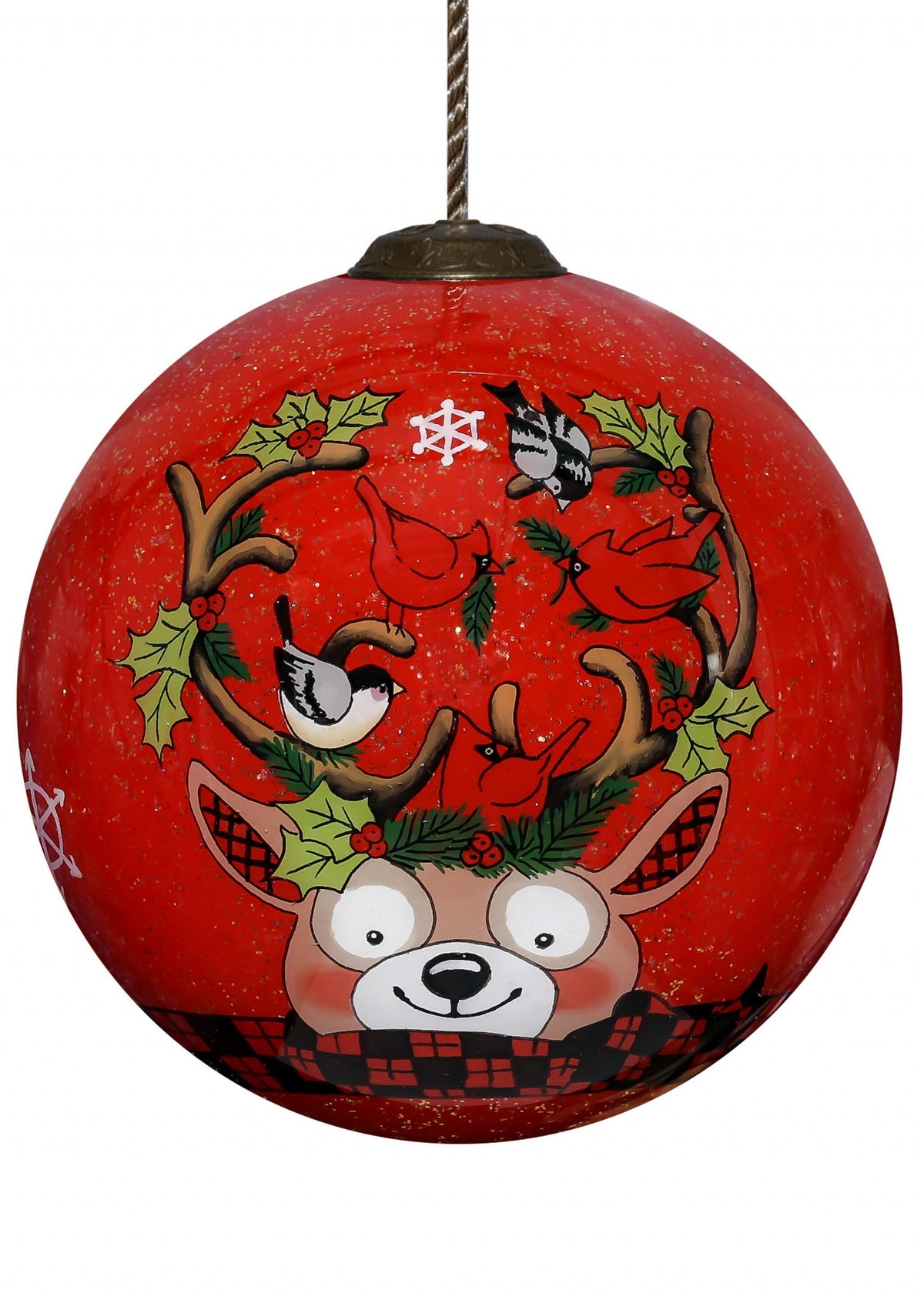 Reindeer with Plaids and Cardinals Hand Painted Mouth Blown Glass Ornament LuxuryLifeWay Online Store