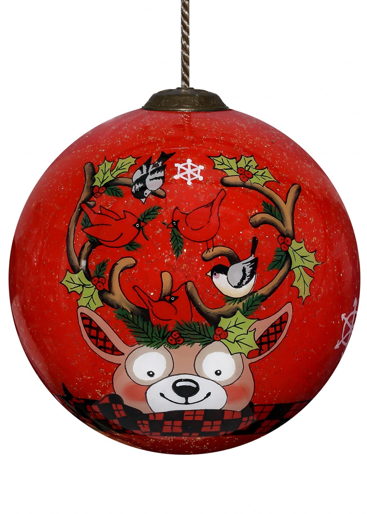 Reindeer with Plaids and Cardinals Hand Painted Mouth Blown Glass Ornament LuxuryLifeWay Online Store