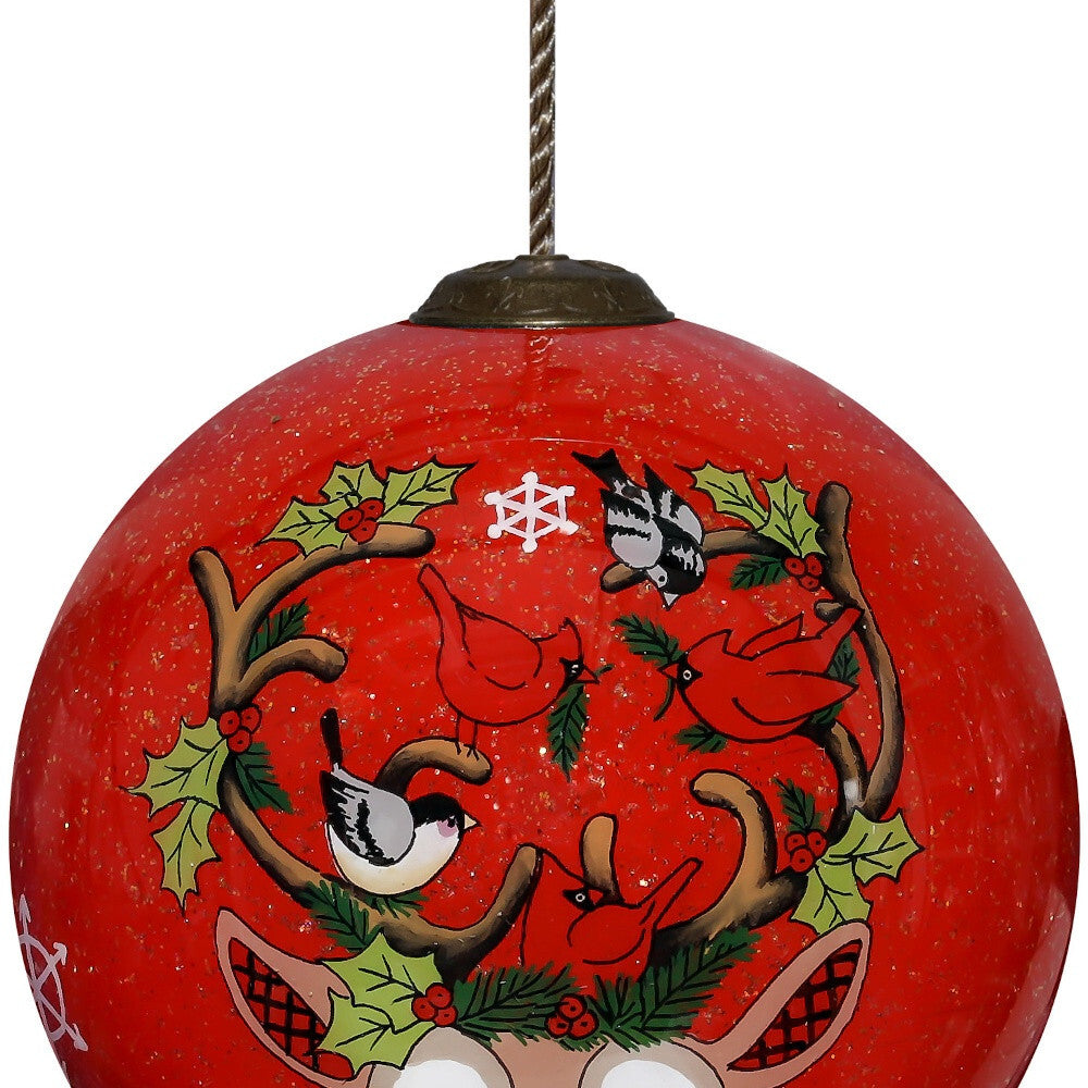 Reindeer with Plaids and Cardinals Hand Painted Mouth Blown Glass Ornament LuxuryLifeWay Online Store