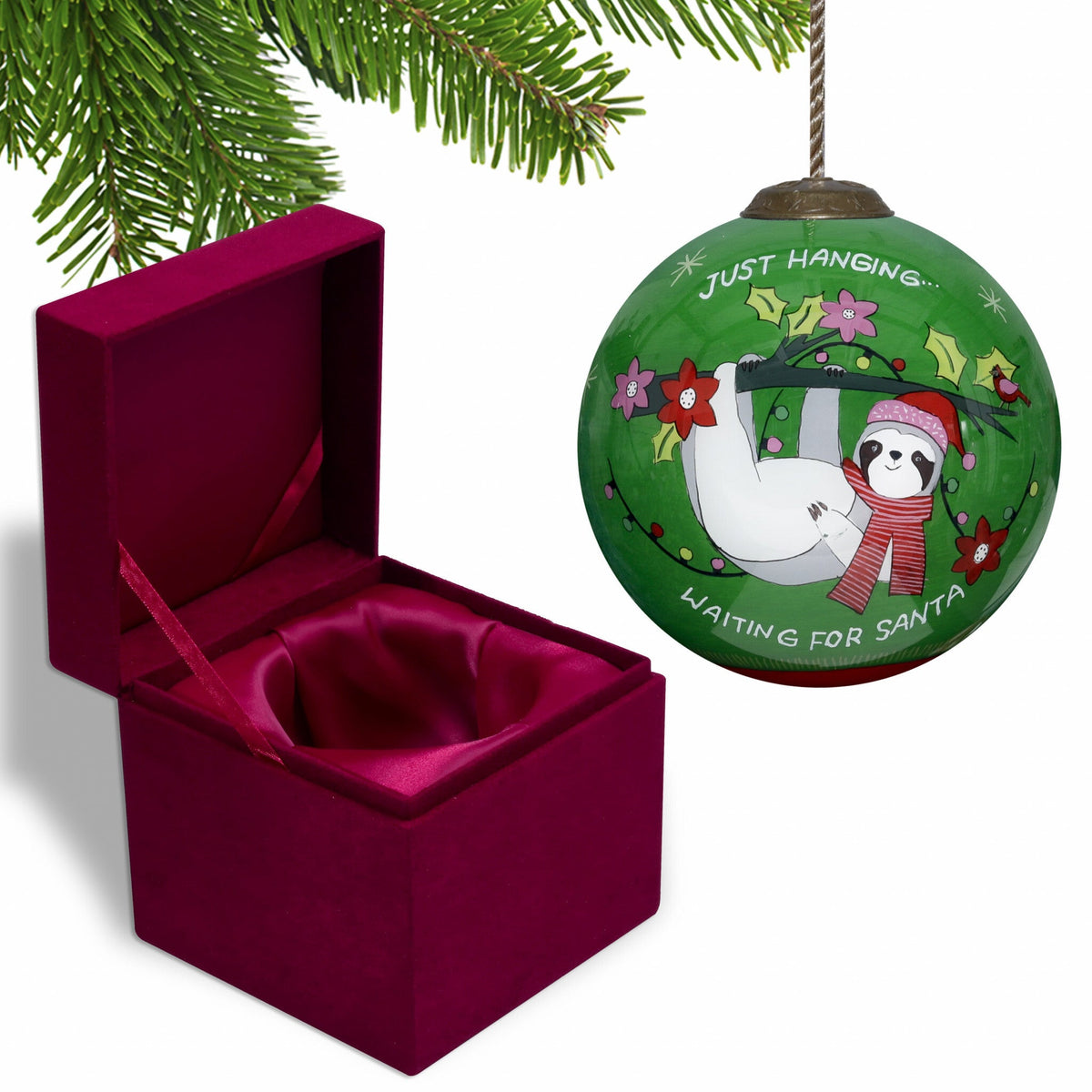 Just Hanging Sloth Merry Lights Hand Painted Mouth Blown Glass Ornament LuxuryLifeWay Online Store