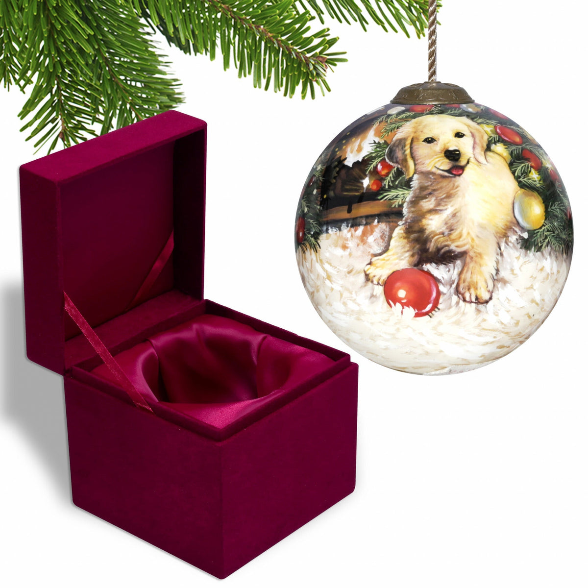 Puppy under the Christmas Tree Hand Painted Mouth Blown Glass Ornament LuxuryLifeWay Online Store