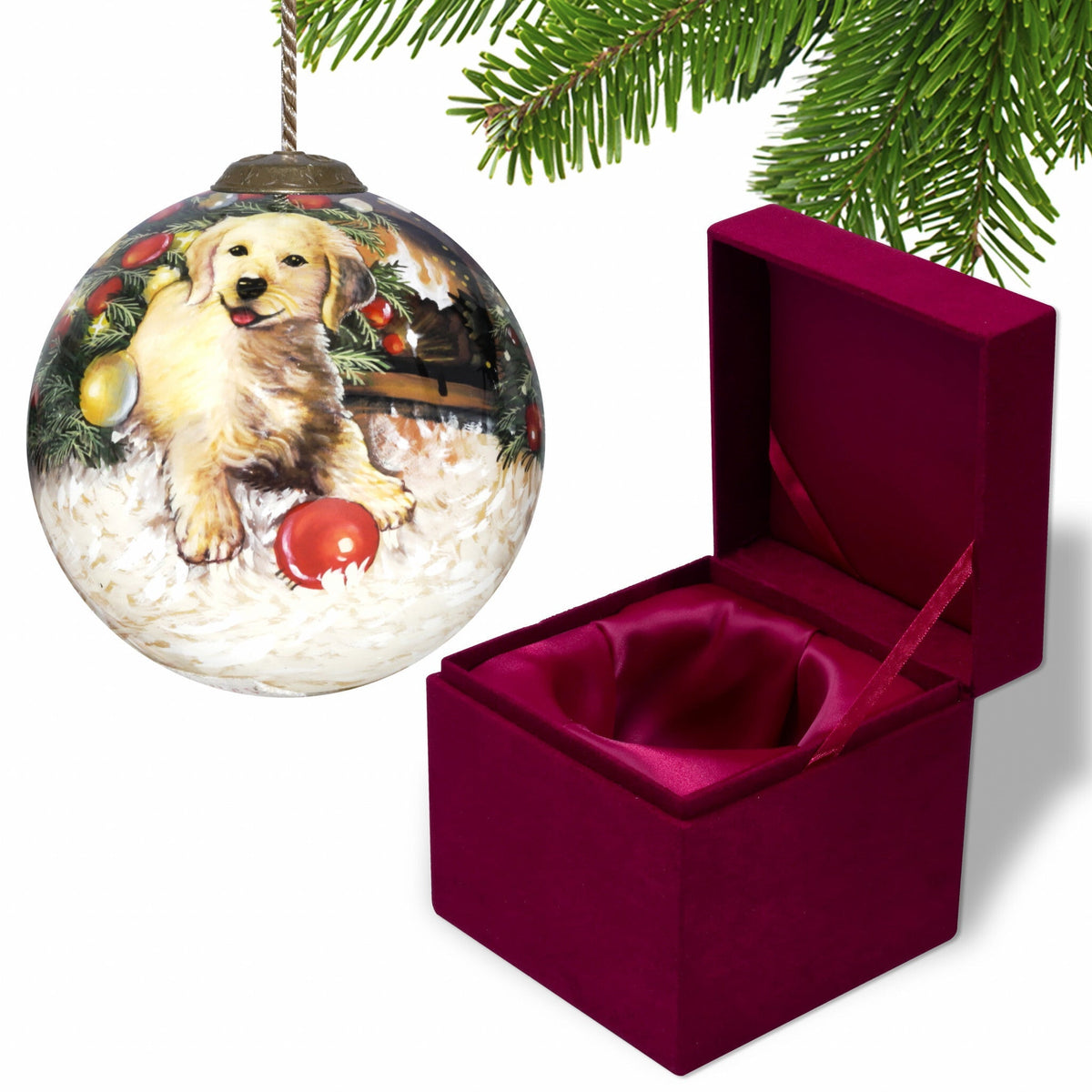 Puppy under the Christmas Tree Hand Painted Mouth Blown Glass Ornament LuxuryLifeWay Online Store