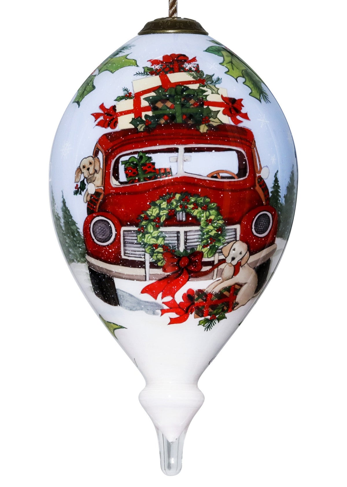 Puppy and Red Truck Christmas Wreath Hand Painted Mouth Blown Glass Ornament LuxuryLifeWay Online Store