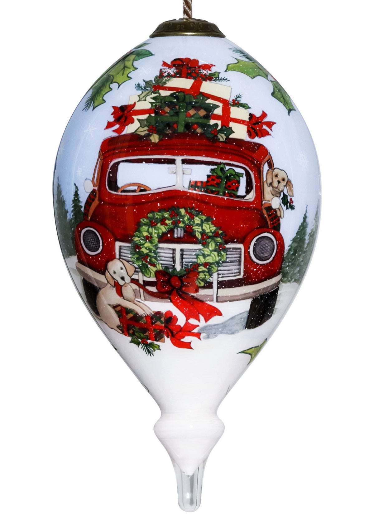 Puppy and Red Truck Christmas Wreath Hand Painted Mouth Blown Glass Ornament LuxuryLifeWay Online Store