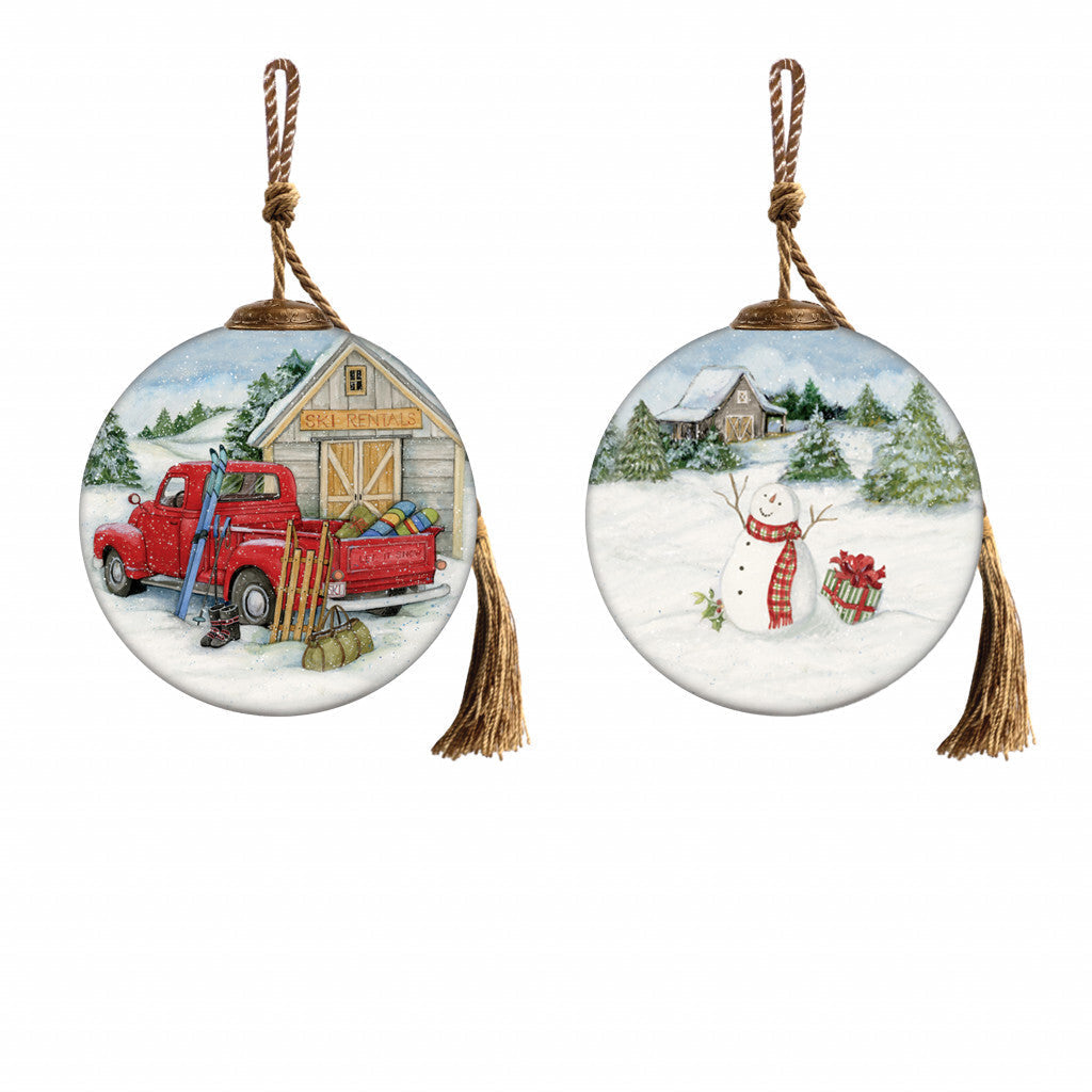 Snowy Mountains Ski Rental Hand Painted Mouth Blown Glass Ornament LuxuryLifeWay Online Store