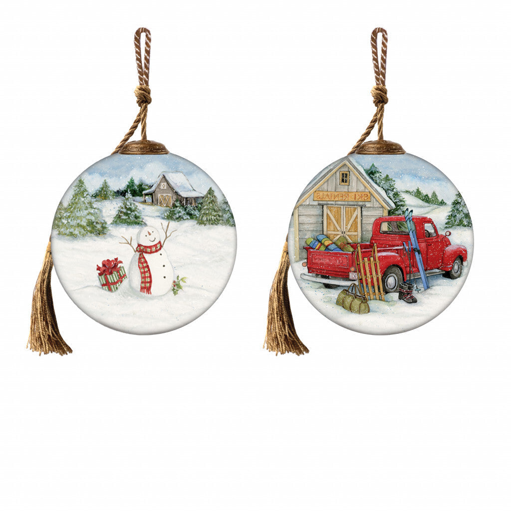 Snowy Mountains Ski Rental Hand Painted Mouth Blown Glass Ornament LuxuryLifeWay Online Store