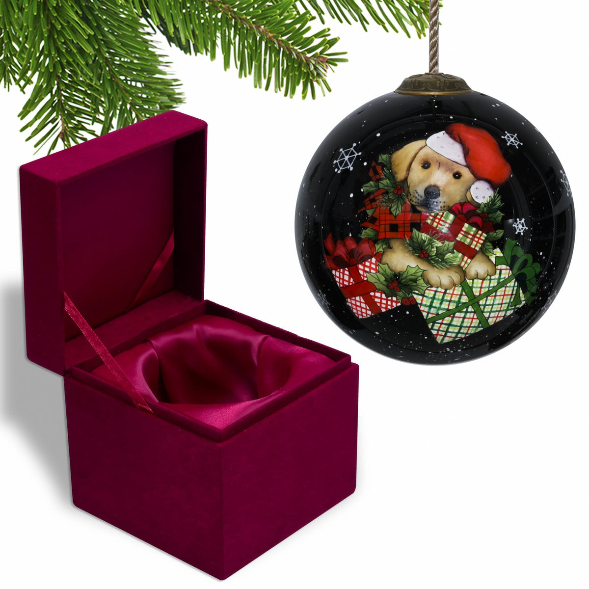 Christmas Puppy with Presents Hand Painted Mouth Blown Glass Ornament LuxuryLifeWay Online Store
