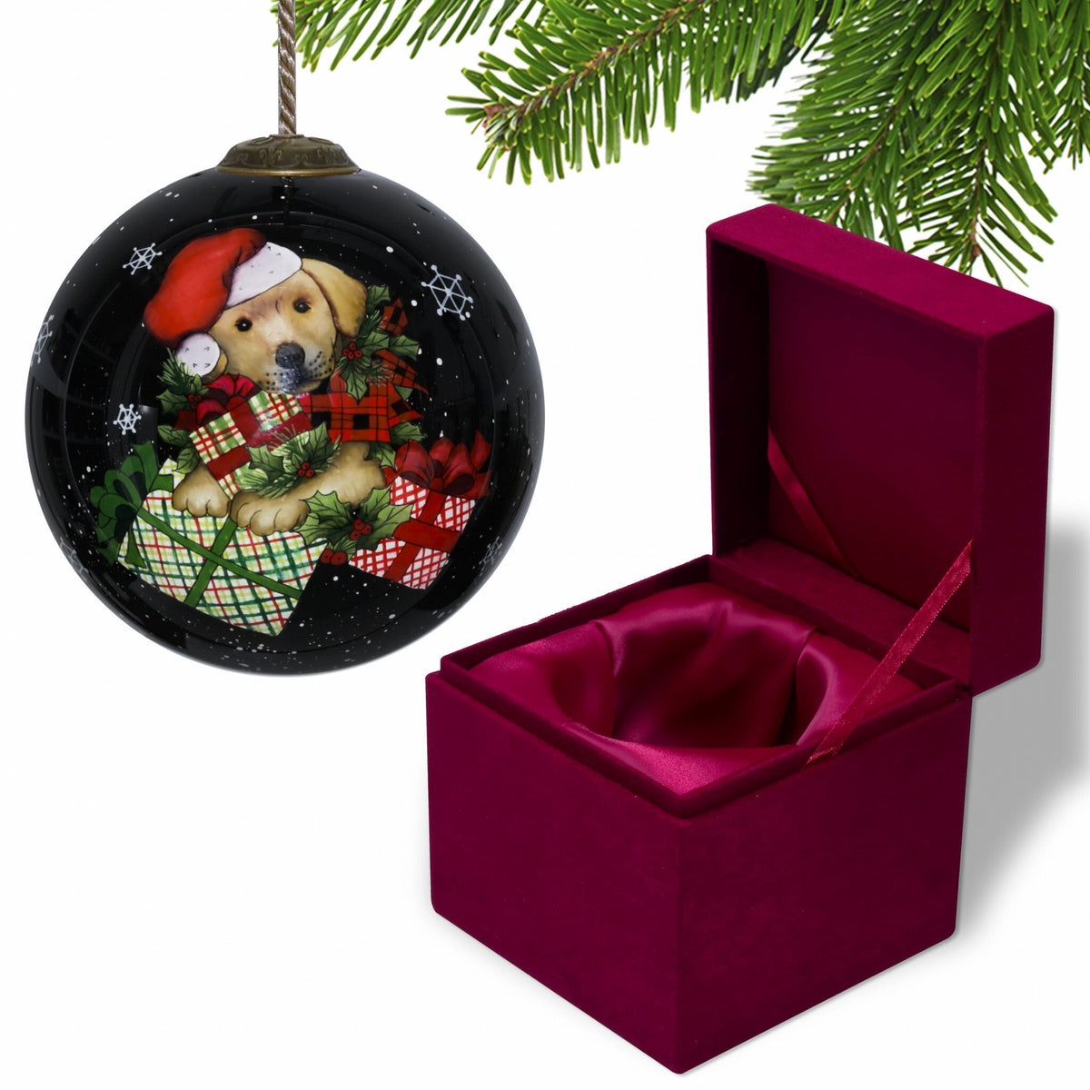 Christmas Puppy with Presents Hand Painted Mouth Blown Glass Ornament LuxuryLifeWay Online Store
