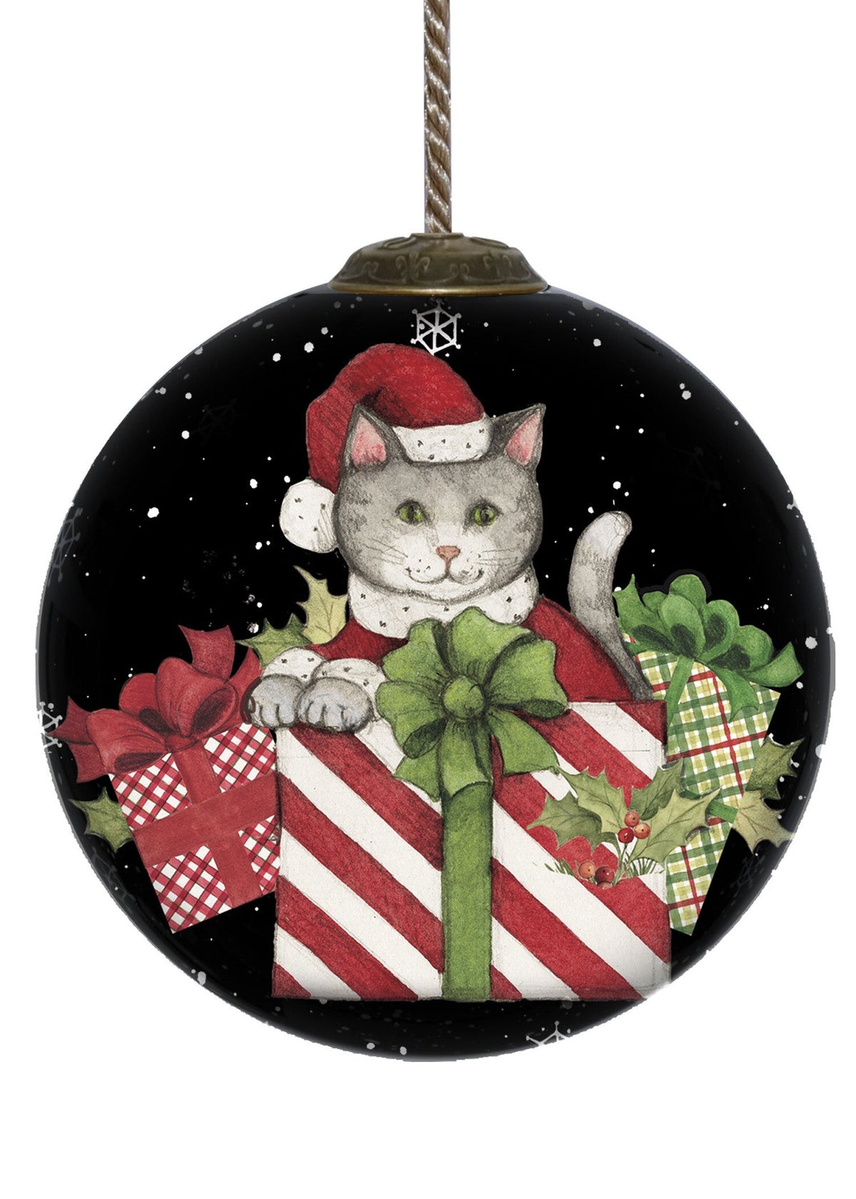 Christmas Cat with Presents Hand Painted Mouth Blown Glass Ornament LuxuryLifeWay Online Store