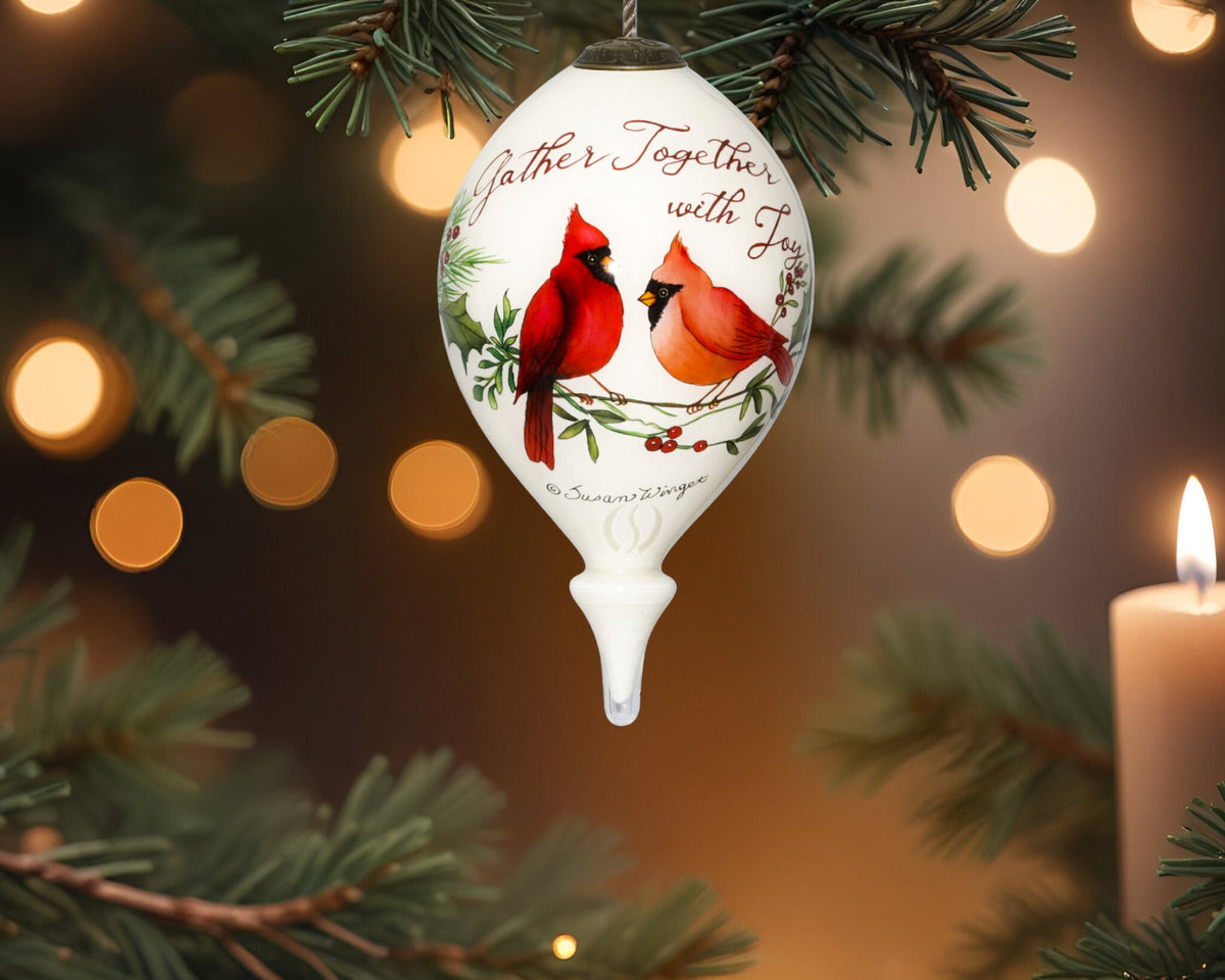 Gather Together With Joy Cardinals Hand Painted Mouth Blown Glass Ornament LuxuryLifeWay Online Store