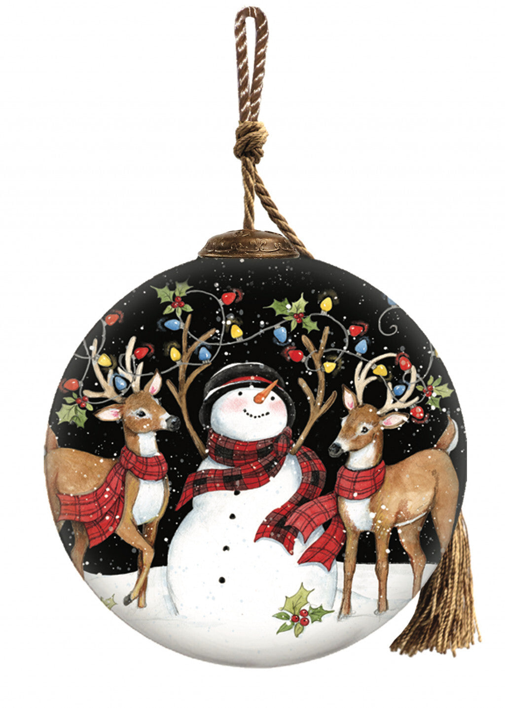 Snowman and Reindeer in Holiday Lights Hand Painted Mouth Blown Glass Ornament LuxuryLifeWay Online Store