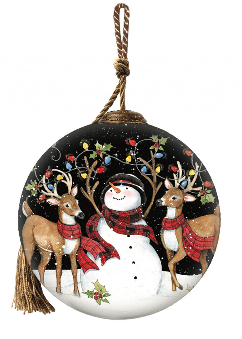 Snowman and Reindeer in Holiday Lights Hand Painted Mouth Blown Glass Ornament LuxuryLifeWay Online Store