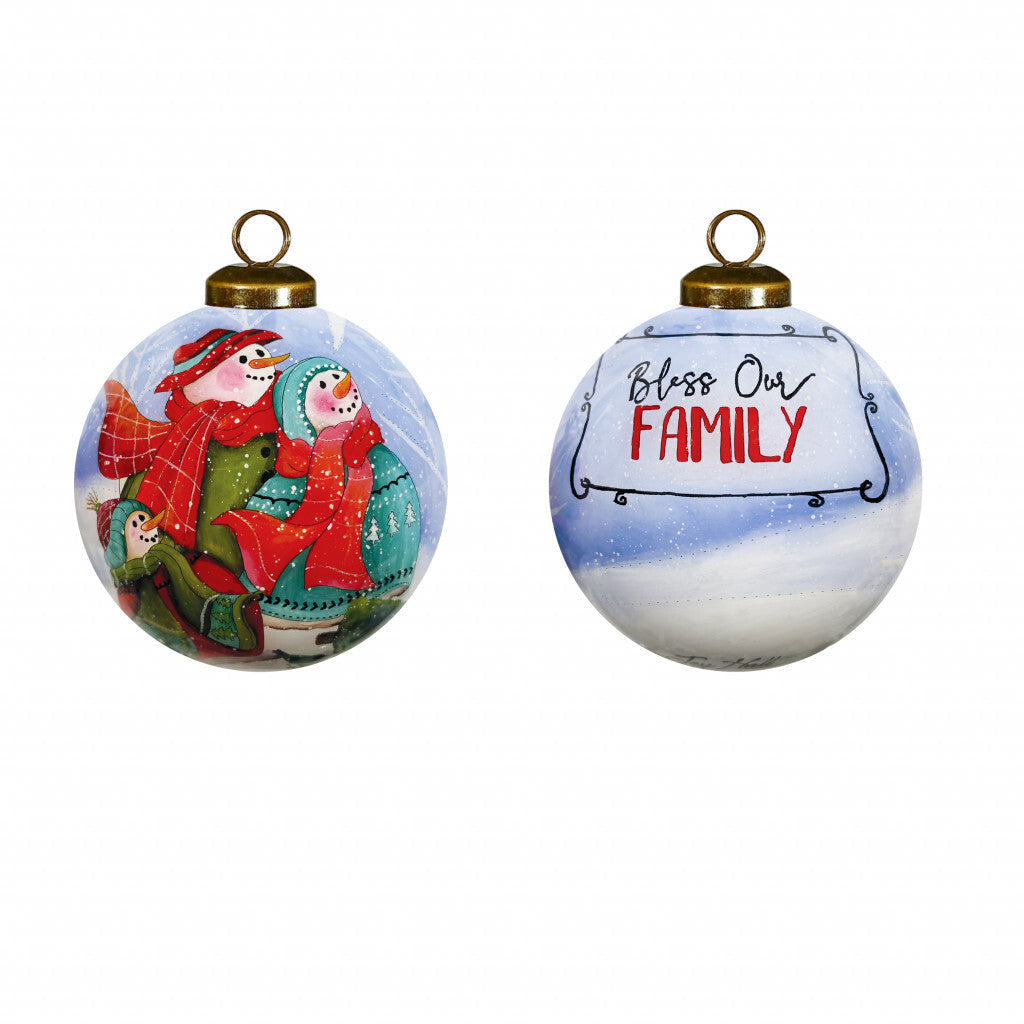 Snowman Family Bless Our Family Wordings Hand Painted Mouth Blown Glass Ornament LuxuryLifeWay Online Store