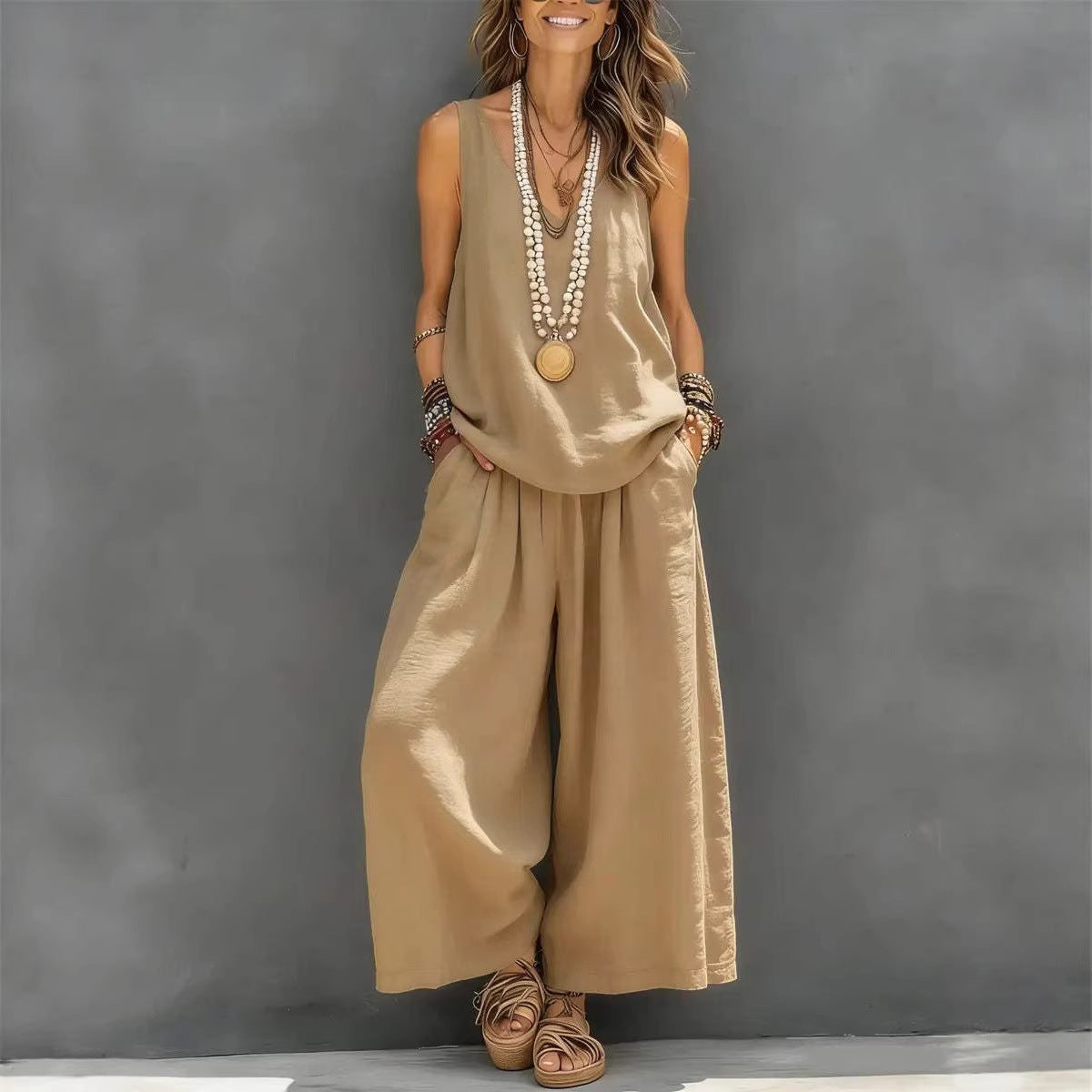 Womens Solid-Colored Casual Sleeveless Tank Top And Wide-Leg Pants Cotton-Linen Set LadyShow.Store