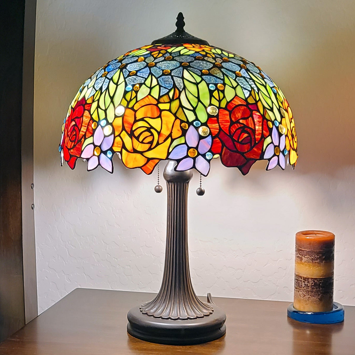 24" Dark Brown Metal Two Light Candlestick Table Lamp With Orange Shade LuxuryLifeWay Online Store