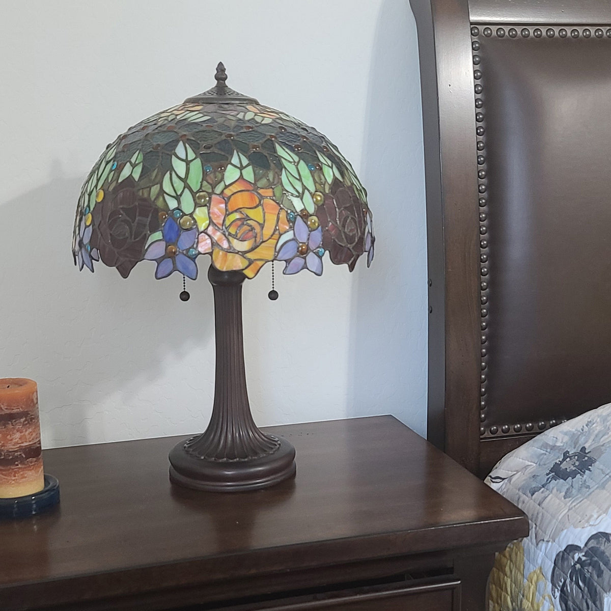 24" Dark Brown Metal Two Light Candlestick Table Lamp With Orange Shade LuxuryLifeWay Online Store