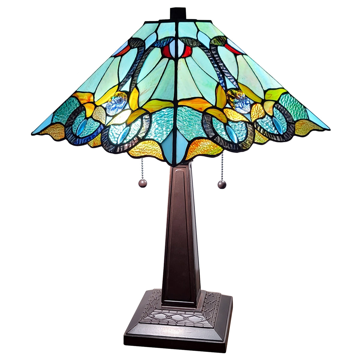 23" Dark Brown Metal Two Light Table Lamp With Blue and Green Cone Shade LuxuryLifeWay Online Store