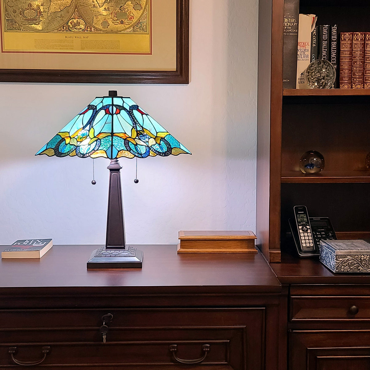 23" Dark Brown Metal Two Light Table Lamp With Blue and Green Cone Shade LuxuryLifeWay Online Store