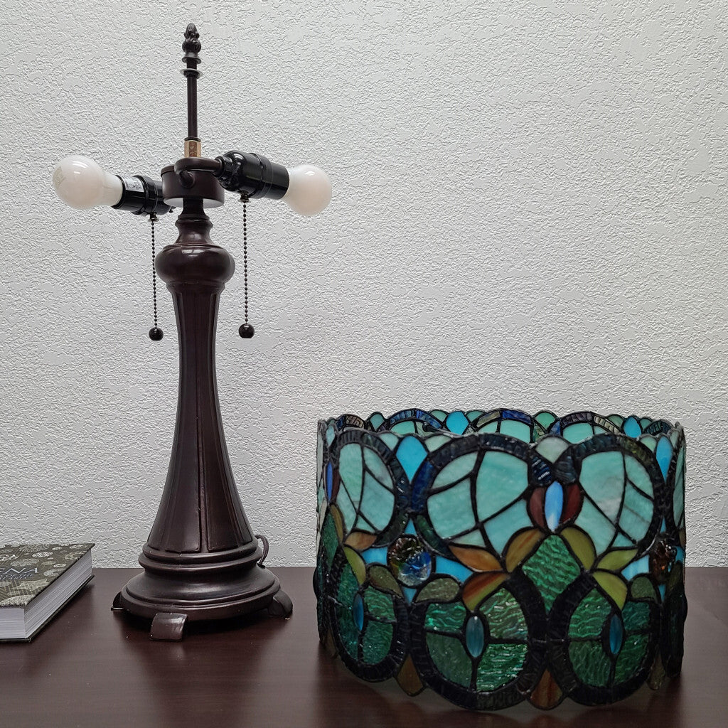 22" Dark Brown Metal Two Light Candlestick Table Lamp With Green Shade LuxuryLifeWay Online Store