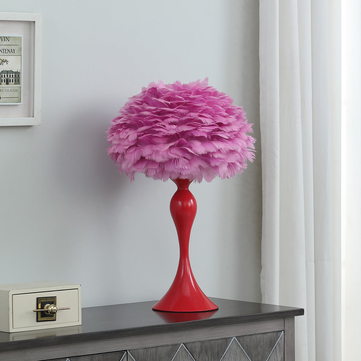 24" Glam Hot Pink Feather and Red Table Lamp LuxuryLifeWay Online Store