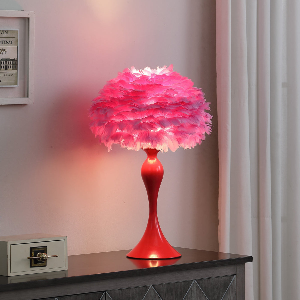 24" Glam Hot Pink Feather and Red Table Lamp LuxuryLifeWay Online Store