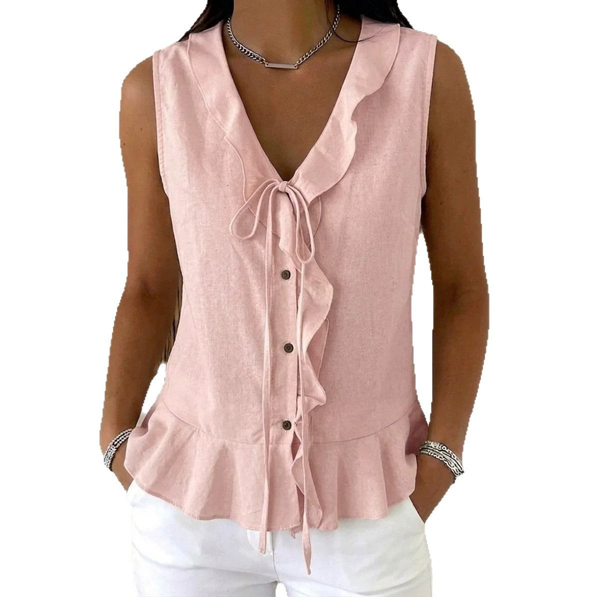 Women's Casual V-Neck Ruffle Trim Sleeveless Top NorixaFashion.com