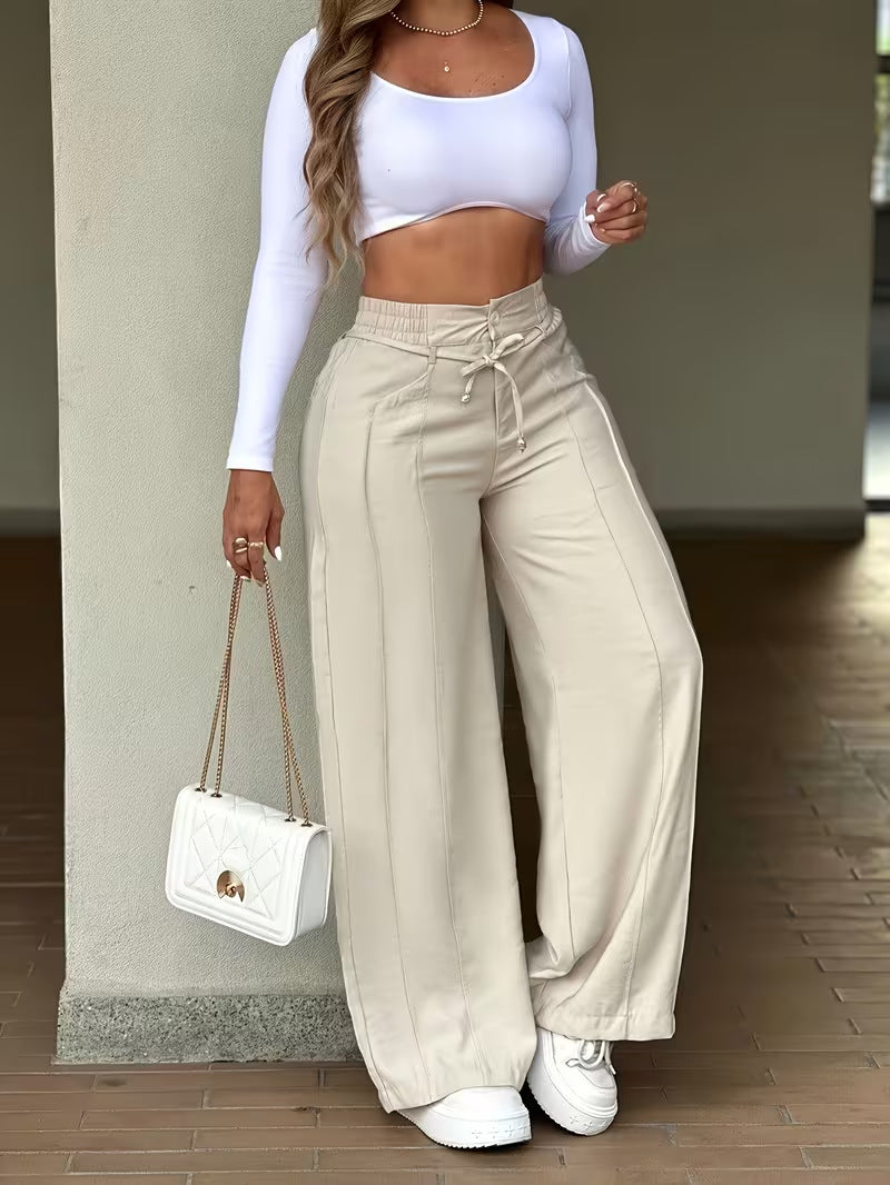 Lace-up Trousers Loose-fit Drawstring Wide-leg Pants With Multiple Pockets NorixaFashion.com