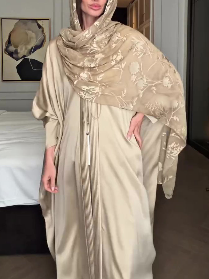 Light Beige Satin Floral Jacquard Pleated Longline Kimono Cardigan NorixaFashion.com