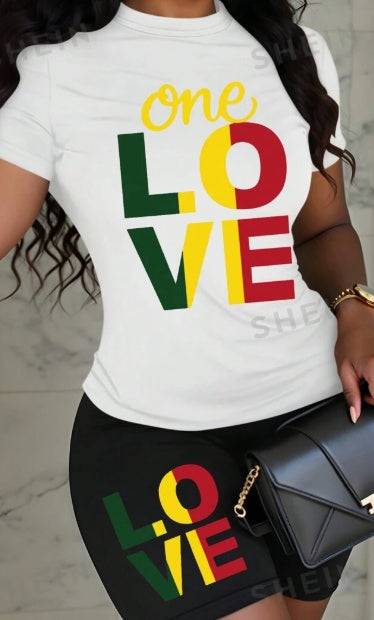 Women's LOVE Slogan Digital Print Short Sleeve T-Shirt And Shorts Comfy Lounge Set NorixaFashion.com