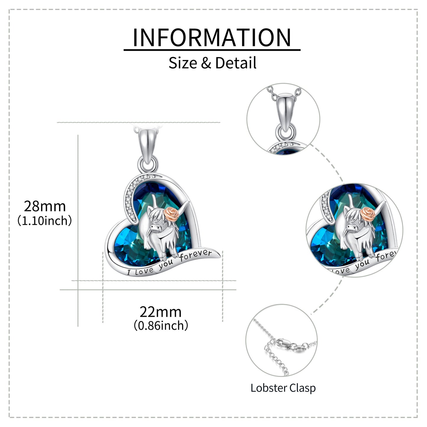 925 Sterling Silver Highland Cow Blue Crystal Heart Cow Pendant Necklace LadyShow.Store