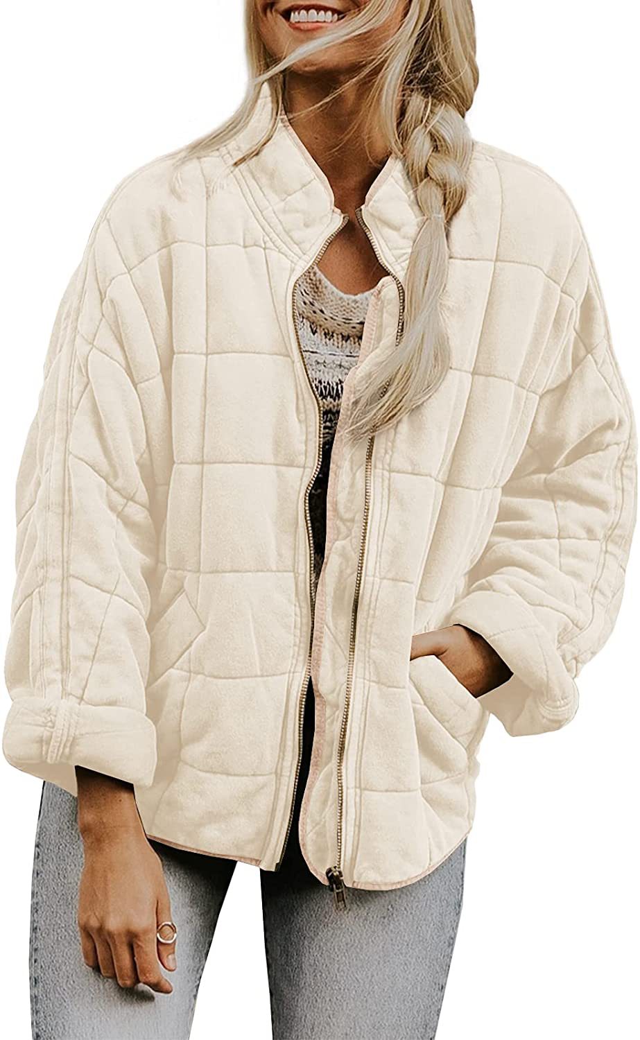 Winter Zip-up Stand Collar Coat With Pockets Fashion Solid Color Plaid Long Sleeved Jacket Women's Clothing LadyShow.Store