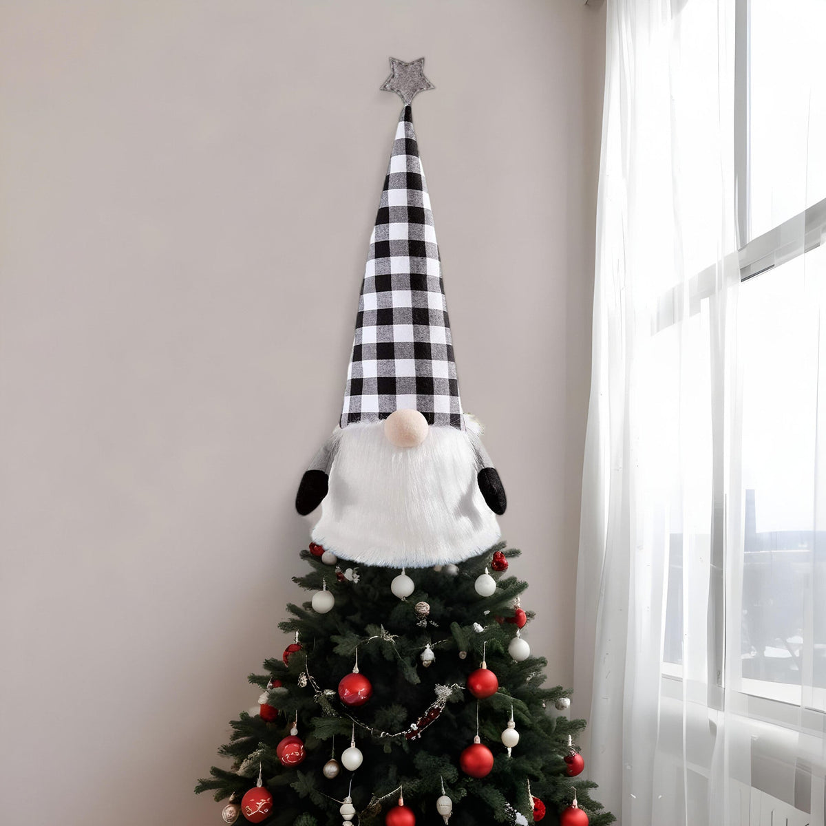 27" Black And White Felt And Faux Fur Gnome Adjustable Height Tree Topper LuxuryLifeWay Online Store