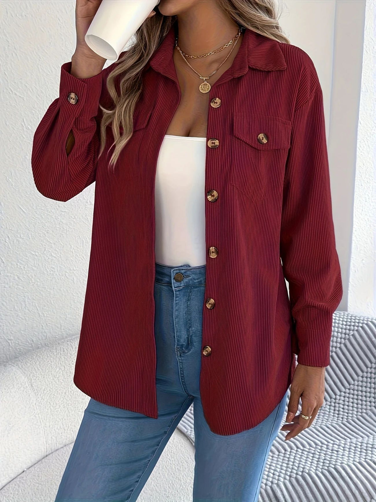 European And American Corduroy Striped Mid-length Coat Shirt NorixaFashion.com