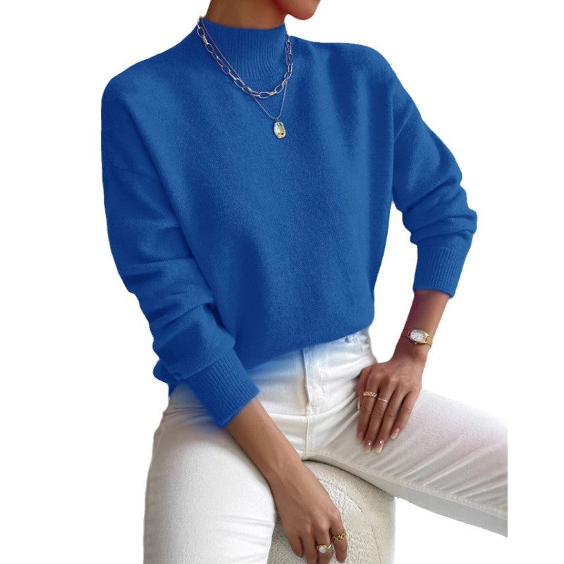 Autumn And Winter Half-high Collar Pullover Women's Fashion Solid Color Loose Knitted Top LadyShow.Store