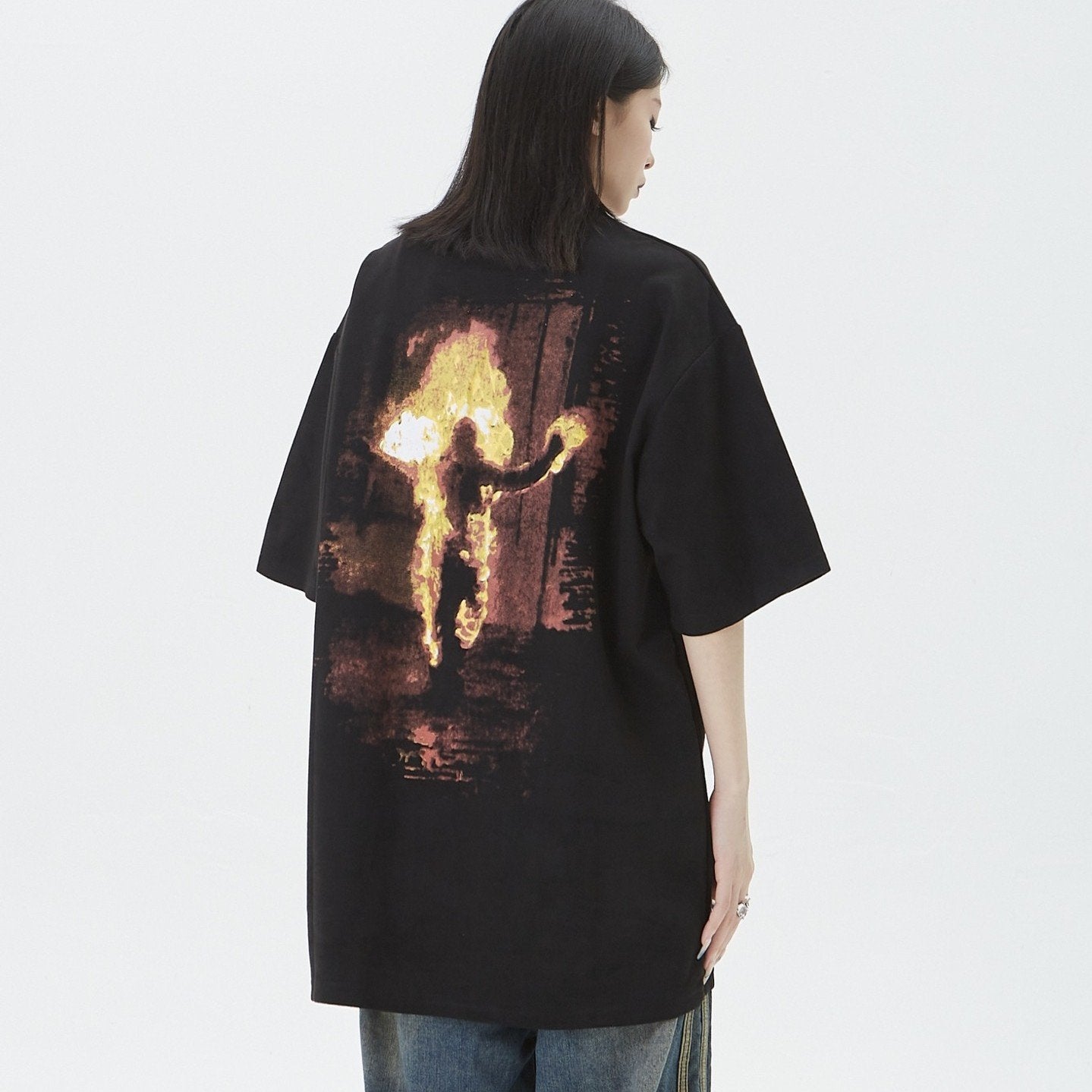 Loose Flame Portrait Print Short Sleeve T-Shirt Pi-Mart