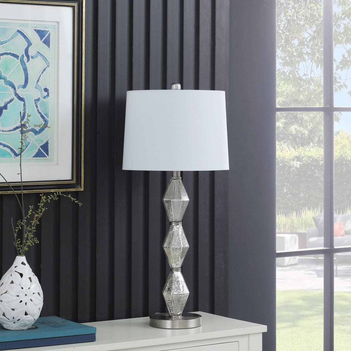 30" Brushed Silver Geo Glass Table Lamp With White Shade LuxuryLifeWay Online Store
