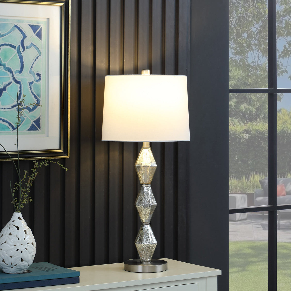 30" Brushed Silver Geo Glass Table Lamp With White Shade LuxuryLifeWay Online Store