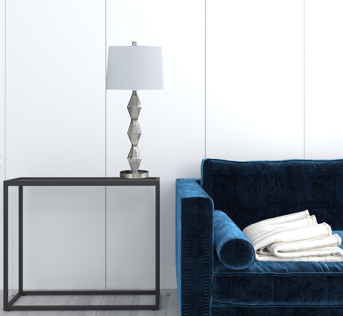 30" Brushed Silver Geo Glass Table Lamp With White Shade LuxuryLifeWay Online Store